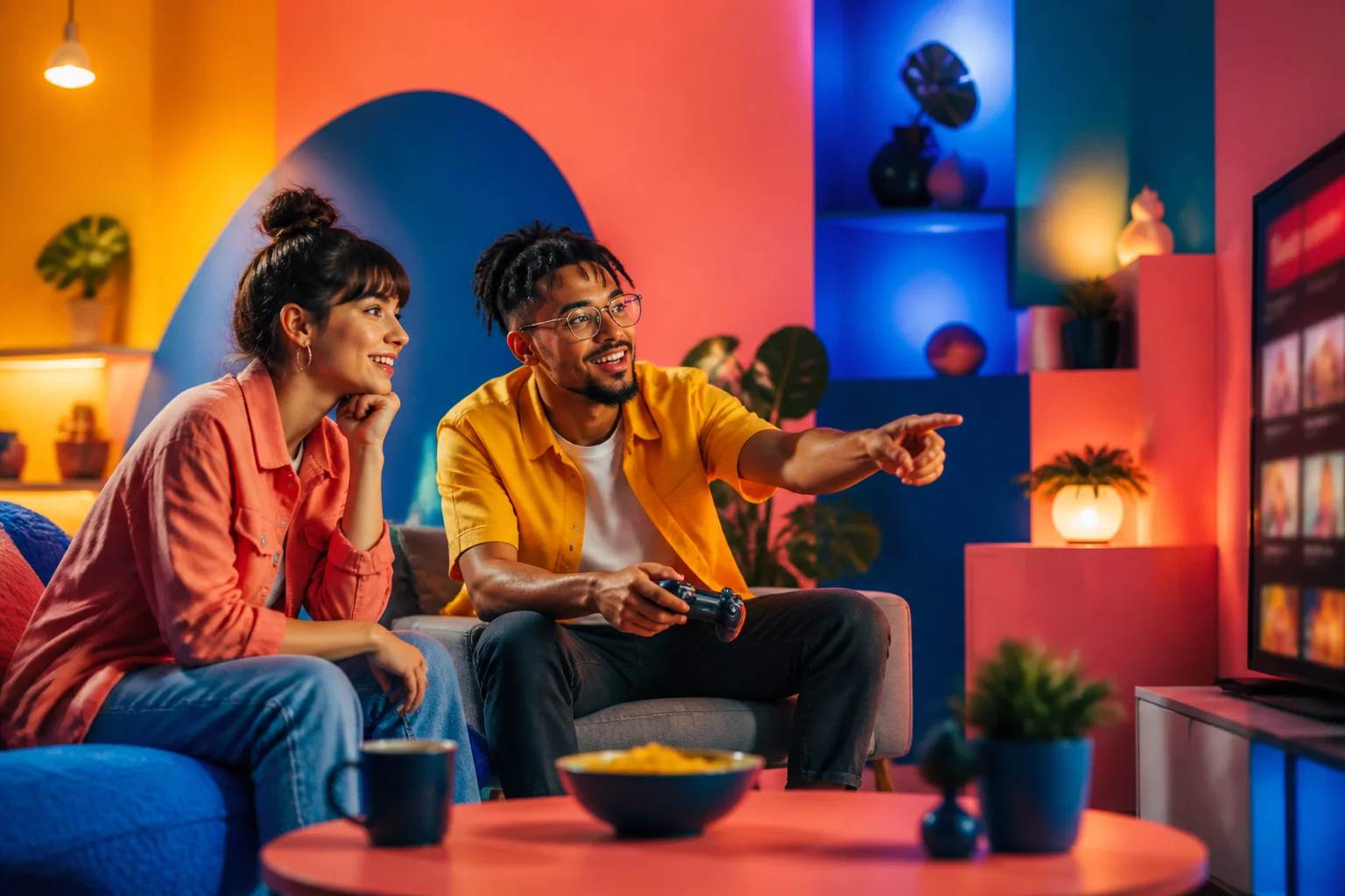 Friends choosing a video game in a colourful lounge